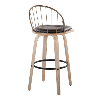 Industrial barstool with bronze back, black cushion, and light wood legs with footrest on Tampa Home & Garden Store