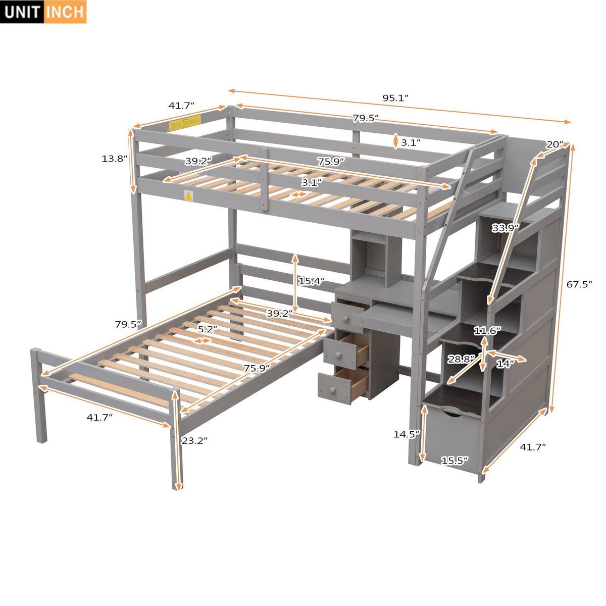 Loft bed with stand-alone bed, storage staircase, desk and shelves in gray by HouseOfZazla on Tampa Home & Garden Store