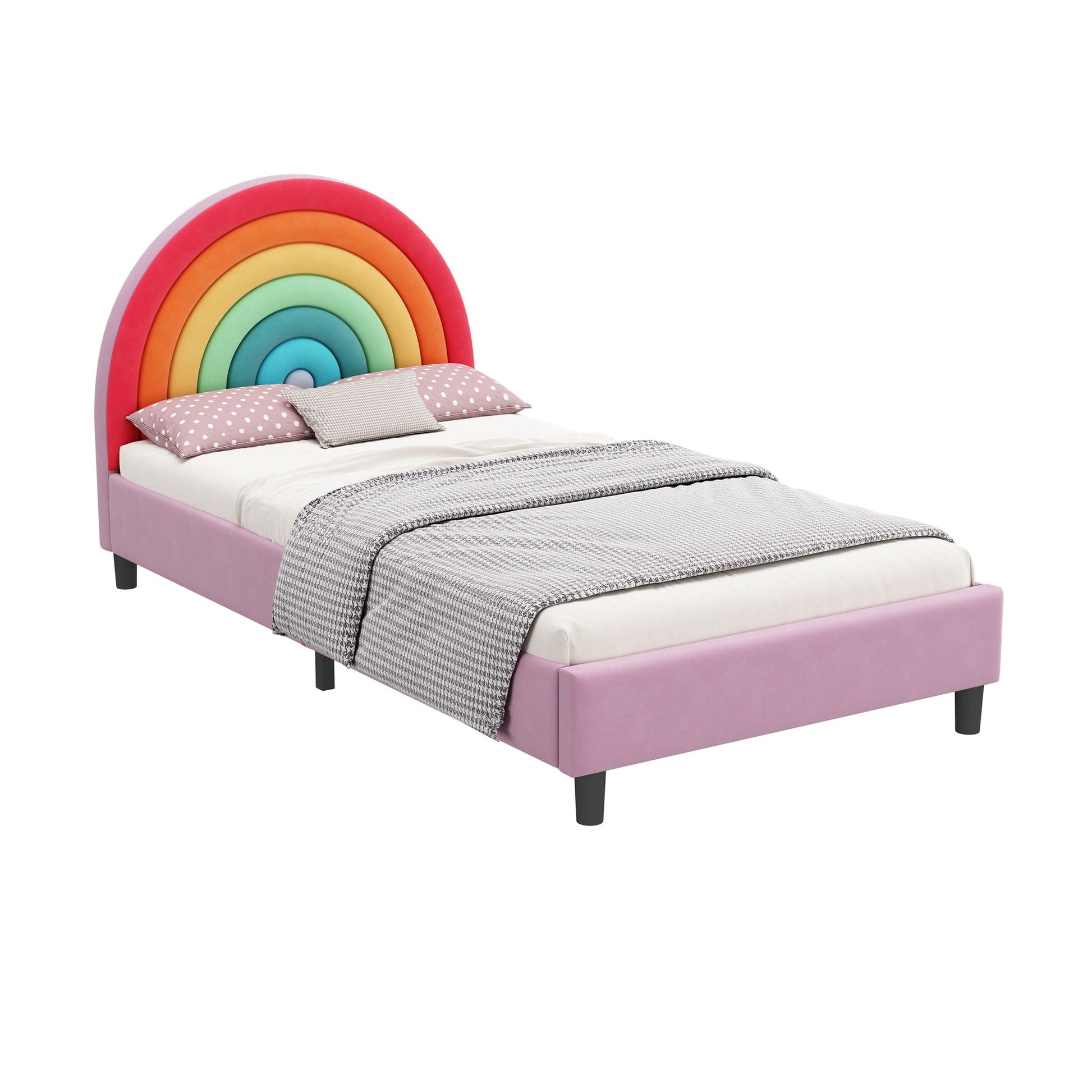 Upholstered twin platform bed in pink with rainbow arch headboard by HouseOfZazla on Tampa Home & Garden Store