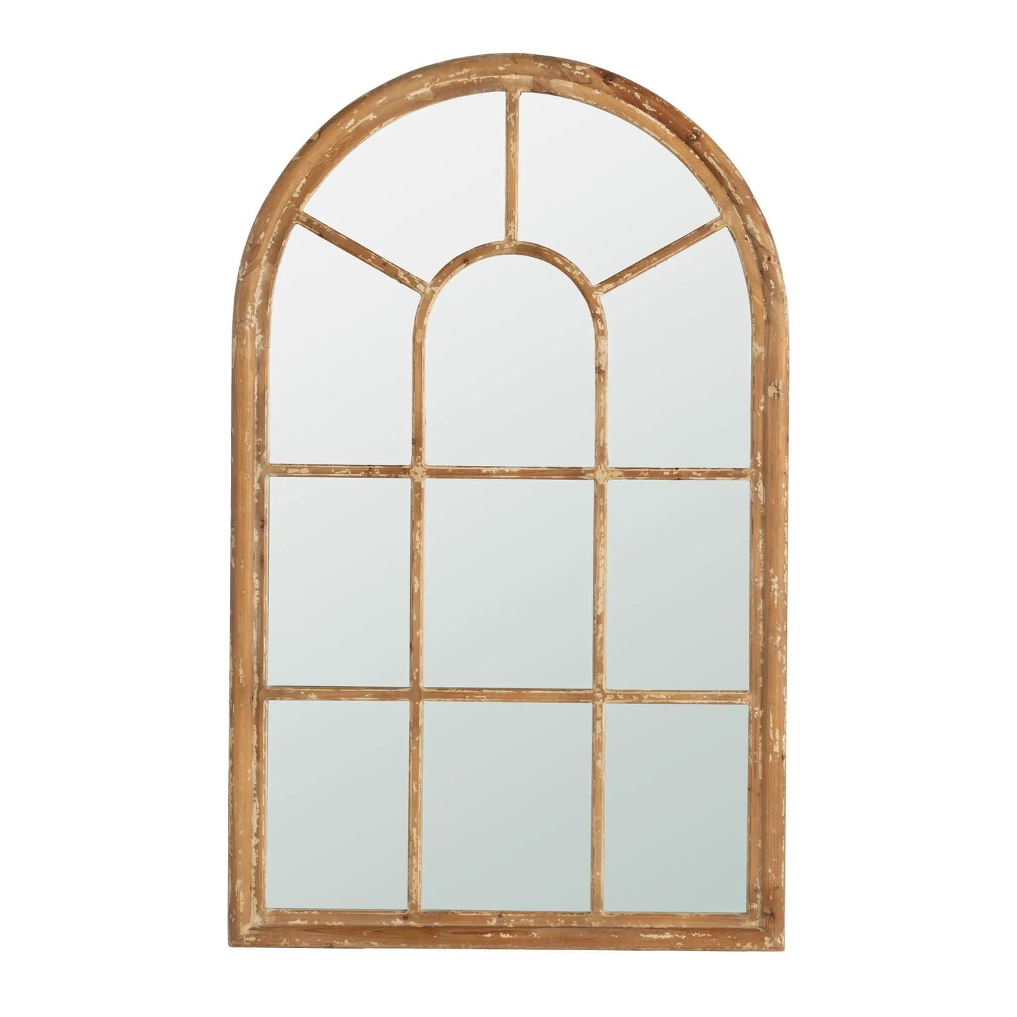 Large arched mirror with distressed brown fir frame and window grid by Unique Piece Furniture on Tampa Home & Garden Store