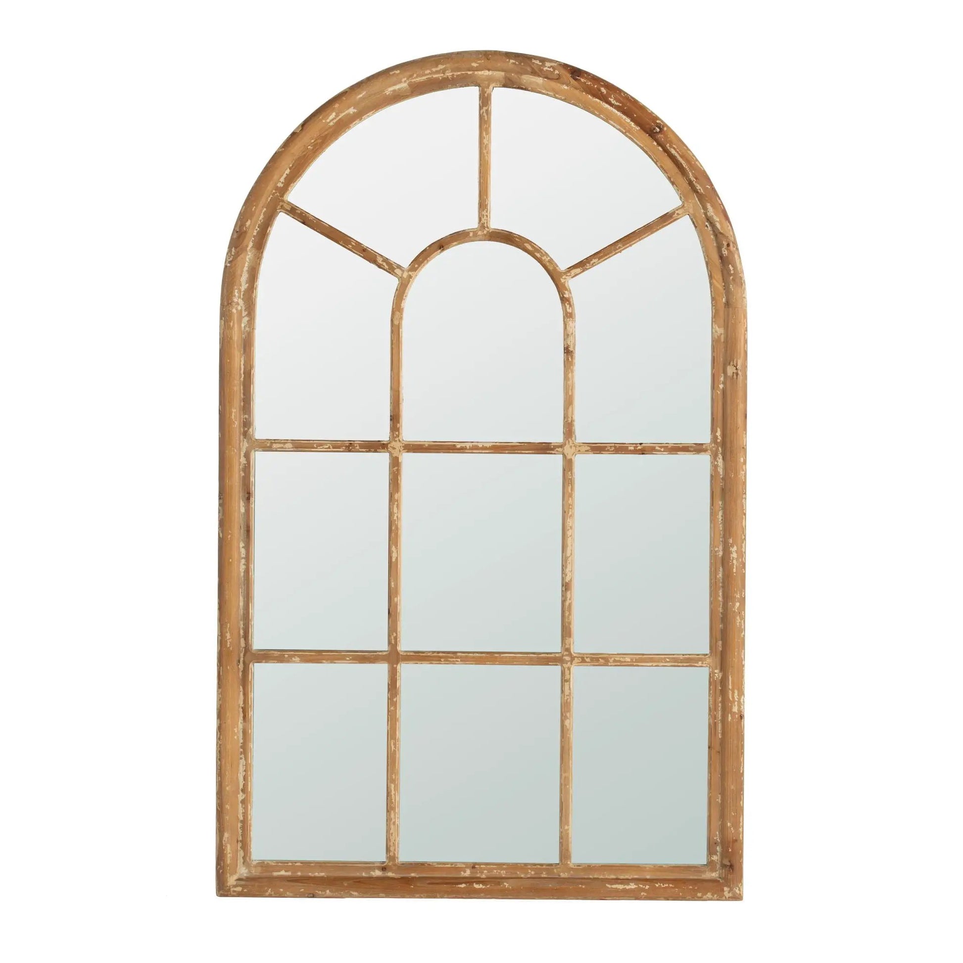 Large arched mirror with distressed brown fir frame and window grid by Unique Piece Furniture on Tampa Home & Garden Store