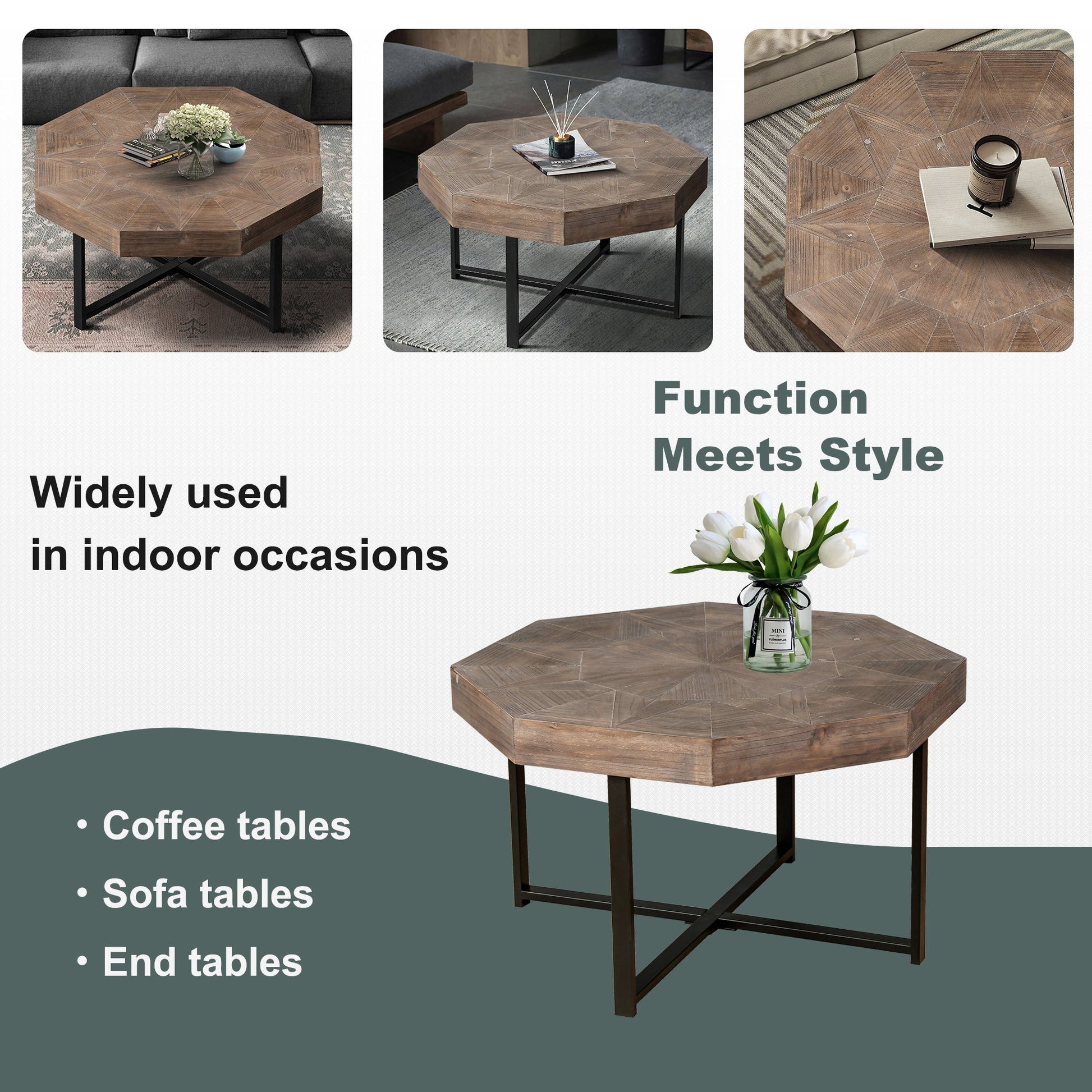 Wood Octagonal Vintage Patchwork Coffee Table HouseOfZazla, dark wood, black metal base on Tampa Home & Garden Store