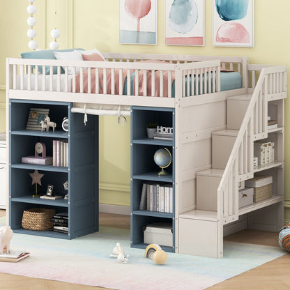 White full-size loft bed with built-in staircase and two storage cabinets HouseOfZazla on Tampa Home & Garden Store