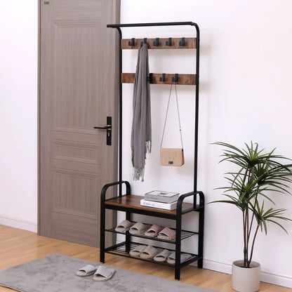 Hall Tree With Shoe Bench and 9 Removable Hooks