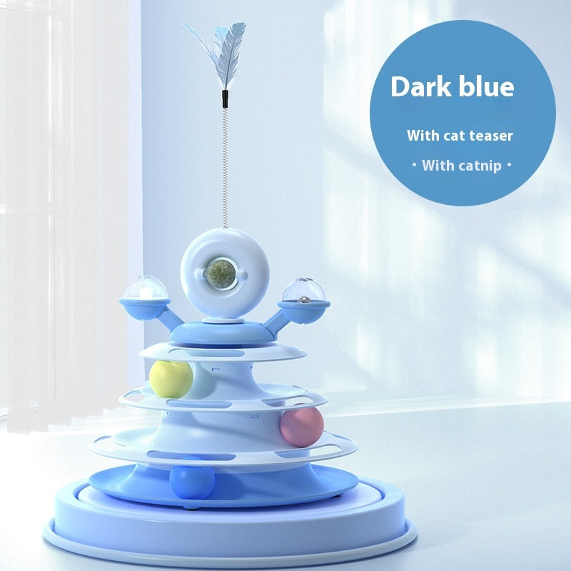 Blue 4-level cat toy tower with turntable, feather teaser, and rolling balls on Tampa Home & Garden Store