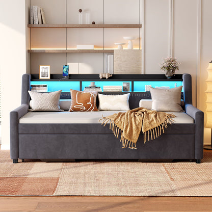 Twin size daybed with trundle in dark gray by HouseOfZazla with LED light charging station on Tampa Home & Garden Store