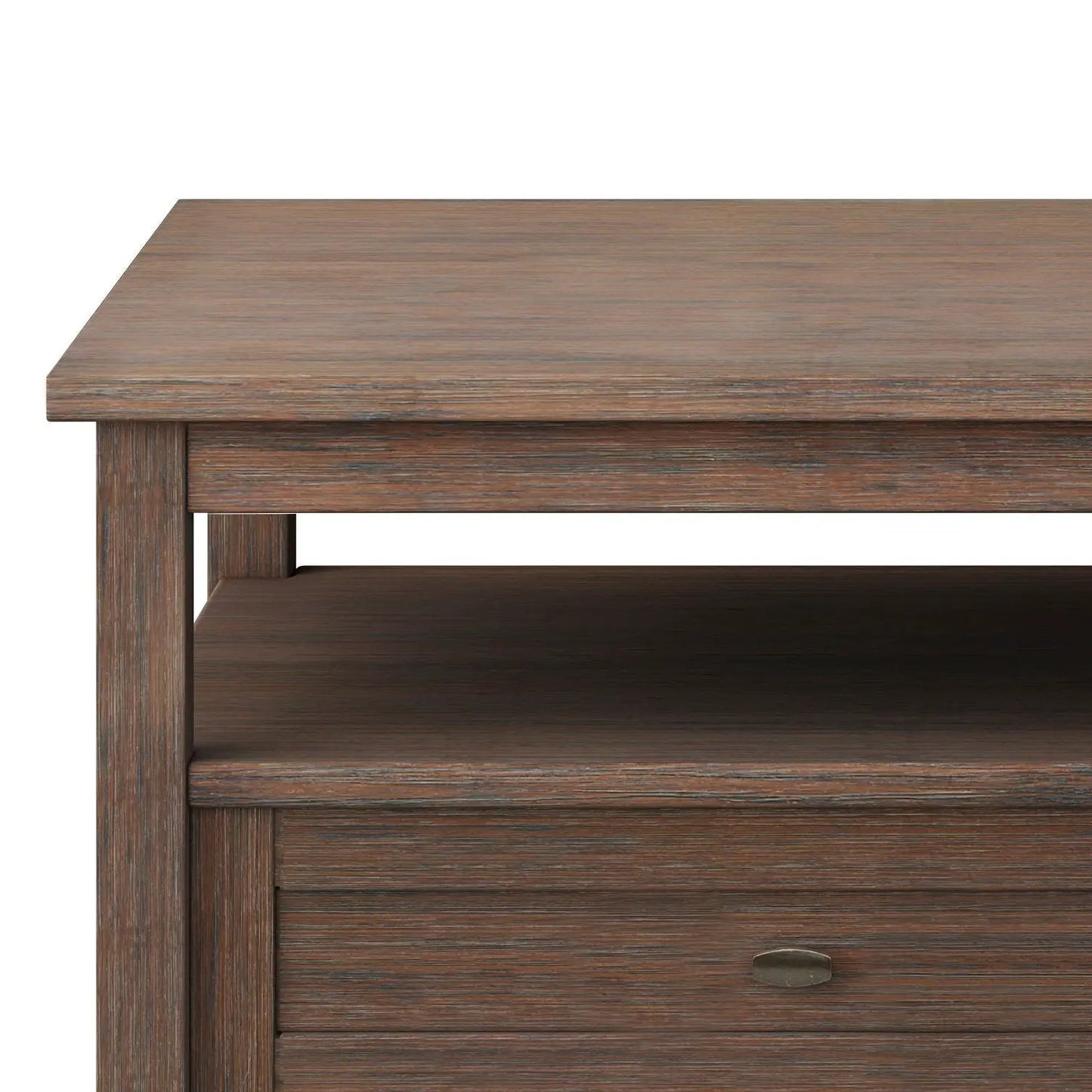 Warm Shaker coffee table in brown wood with visible grain, open shelf and lower drawer on Tampa Home & Garden Store