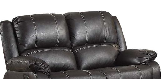 Zuriel Synthetic Recliner Loveseat in dark brown faux leather with padded arms stitching on Tampa Home & Garden Store