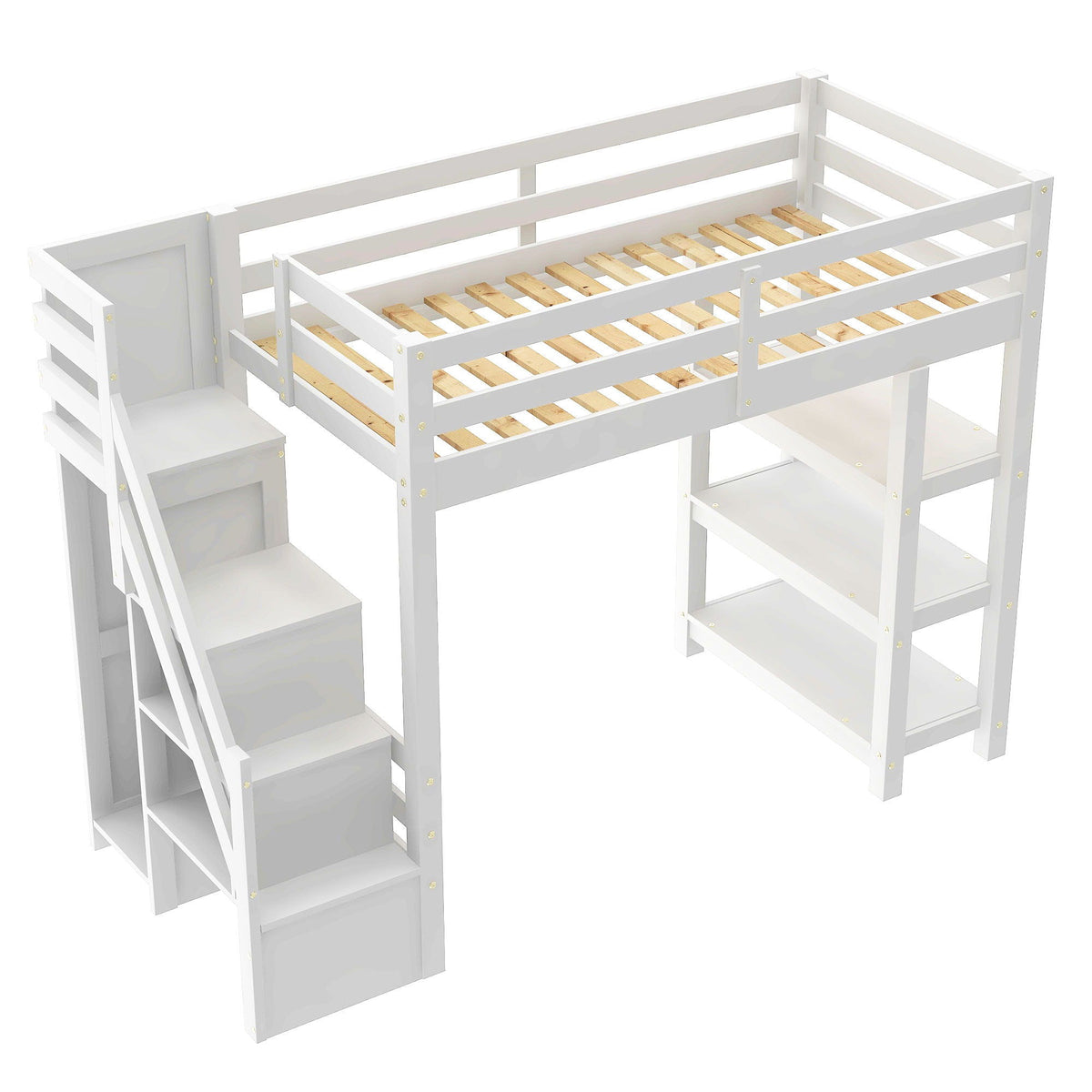 Loft bed in white with four-layer shelf storage staircase and guard rails on Tampa Home & Garden Store