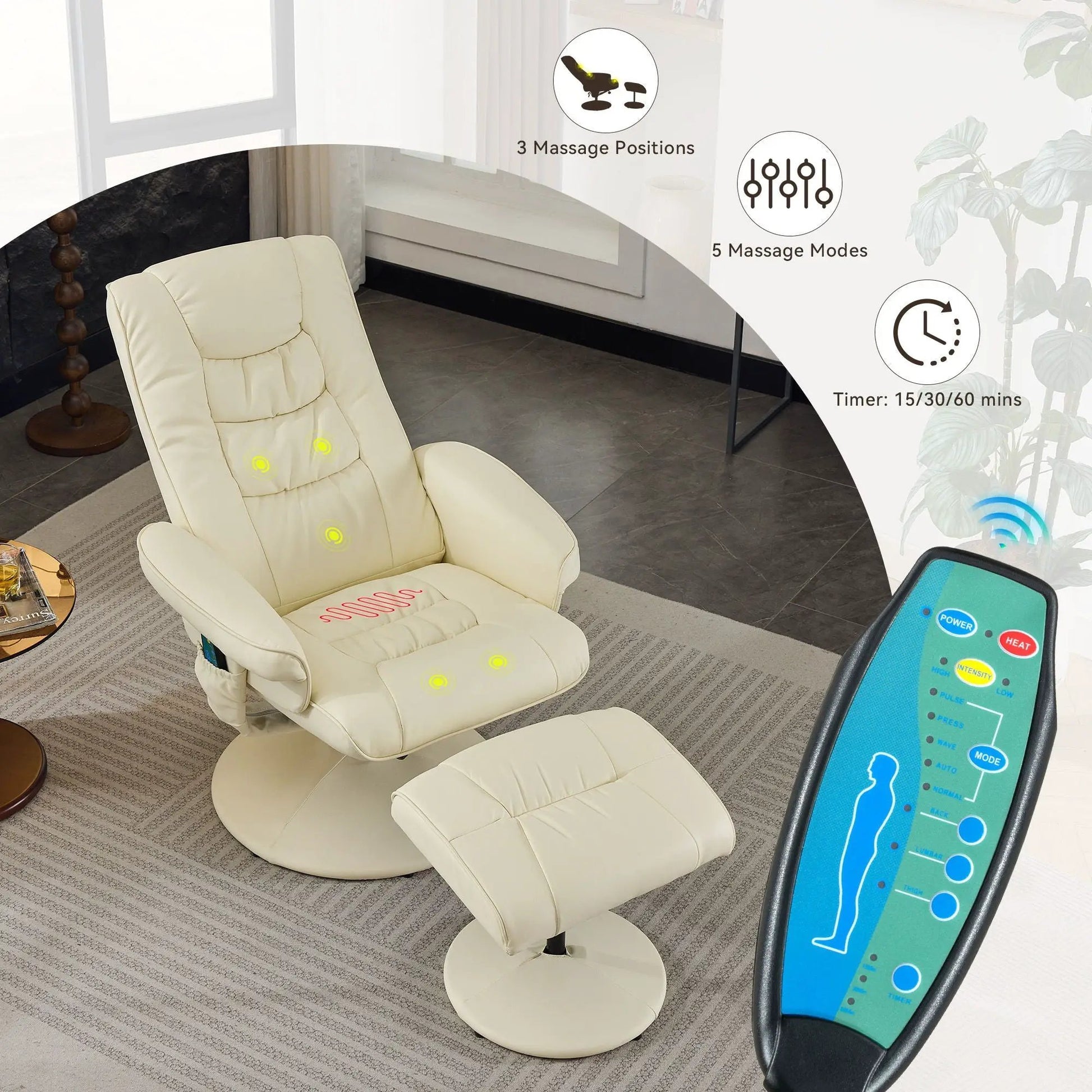 Cream leather reclining massage chair with ottoman and swivel base on Tampa Home & Garden Store