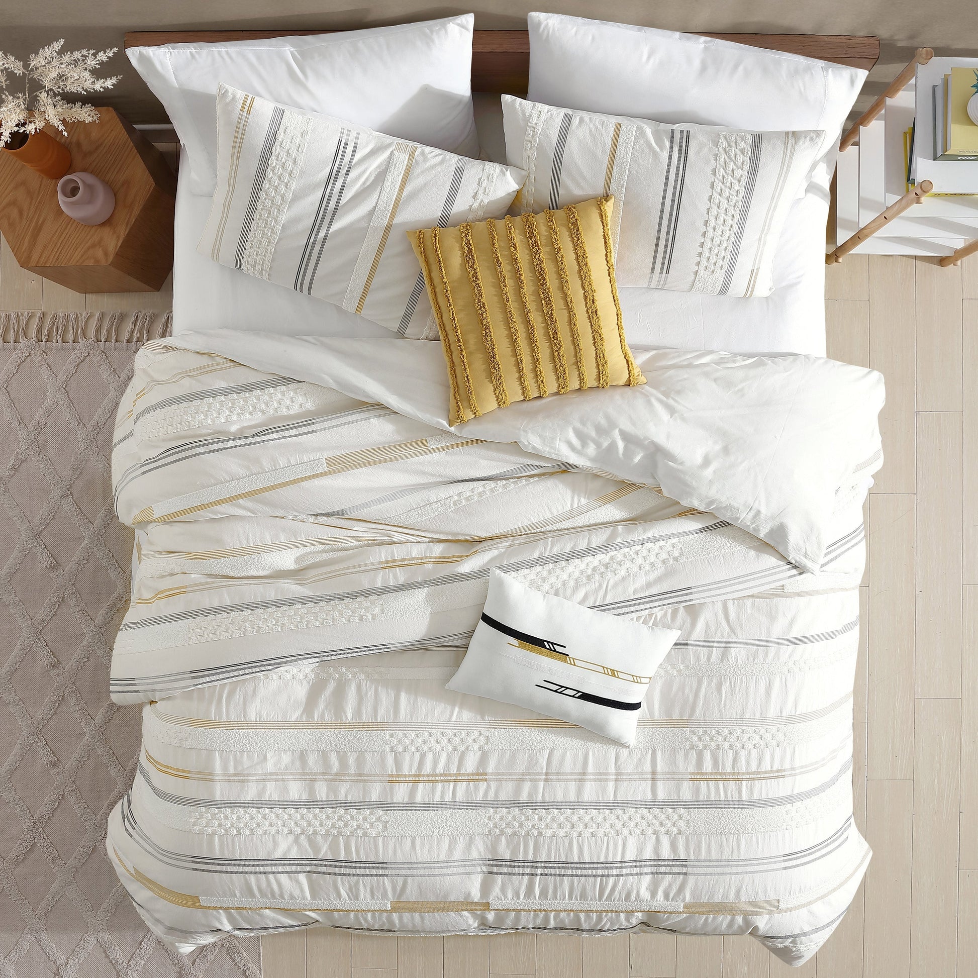 Whitten 6 PC Comforter Set King white with gold stripes by HouseOfZazla on bed on Tampa Home & Garden Store