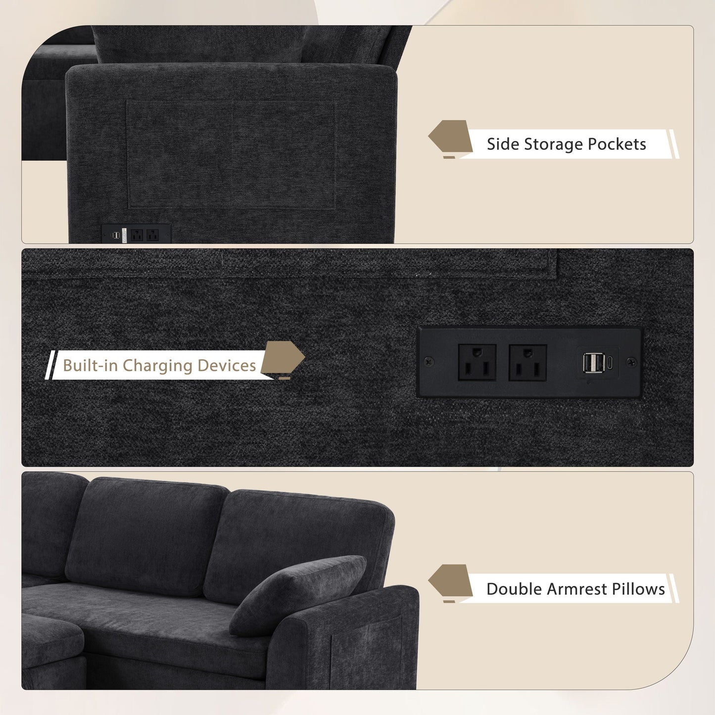 Convertible U-Shaped Sectional Sofa Bed Reversible Chaise in dark charcoal fabric, charging on Tampa Home & Garden Store