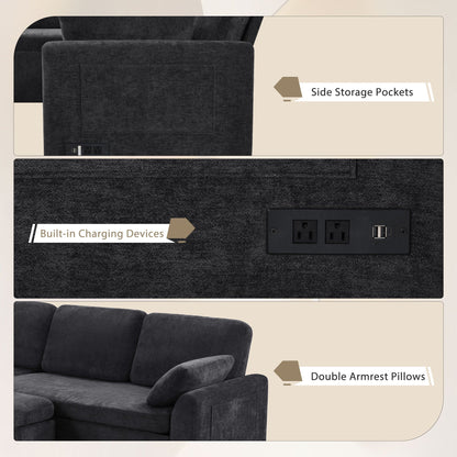 Convertible U-Shaped Sectional Sofa Bed Reversible Chaise in dark charcoal fabric, charging on Tampa Home & Garden Store