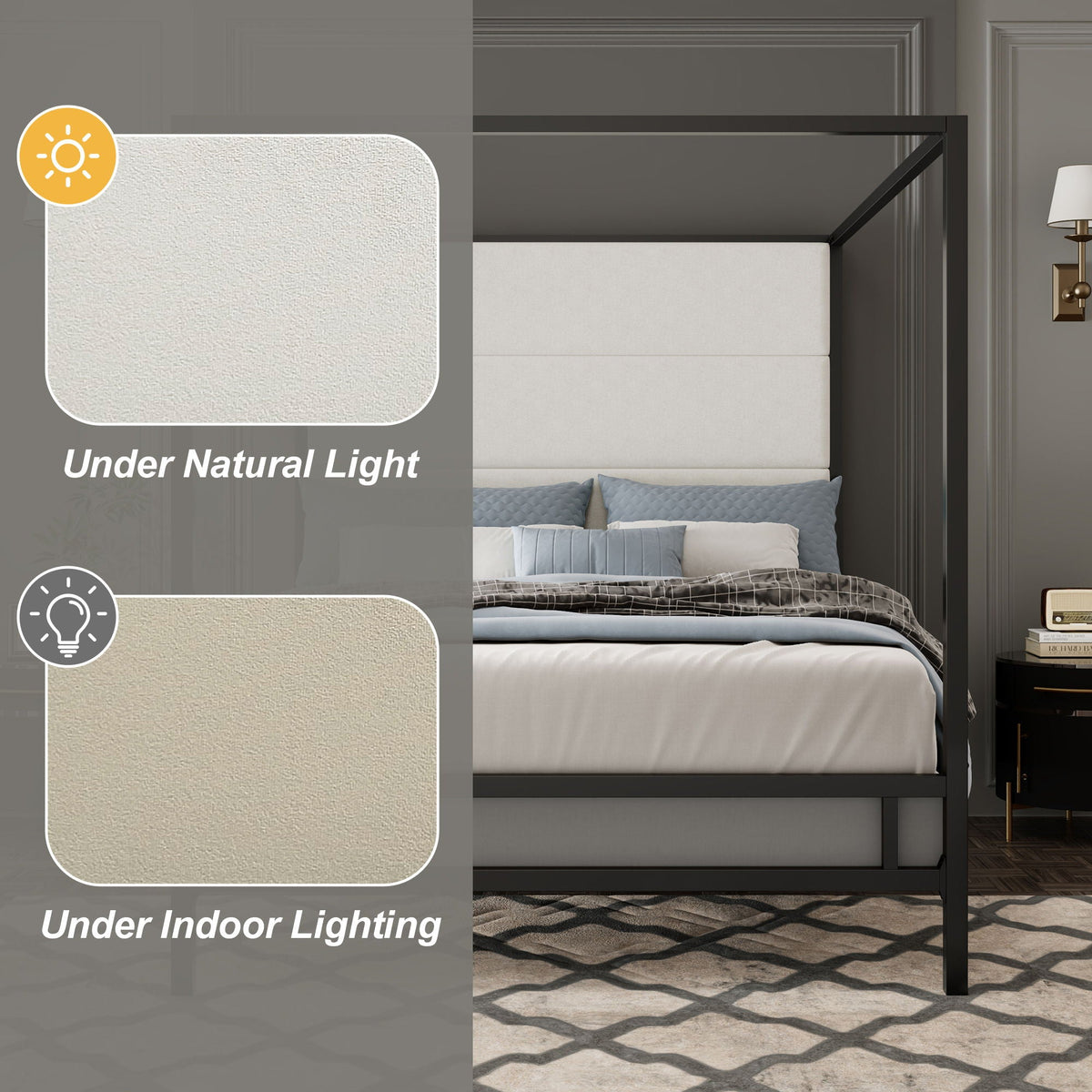 Canopy Bed With Tall Upholstered Headboard, 4 Poster Frame in dark metal with cream panels on Tampa Home & Garden Store