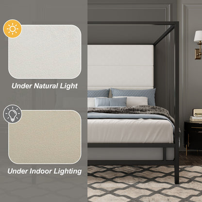 Canopy Bed With Tall Upholstered Headboard, 4 Poster Frame in dark metal with cream panels on Tampa Home & Garden Store