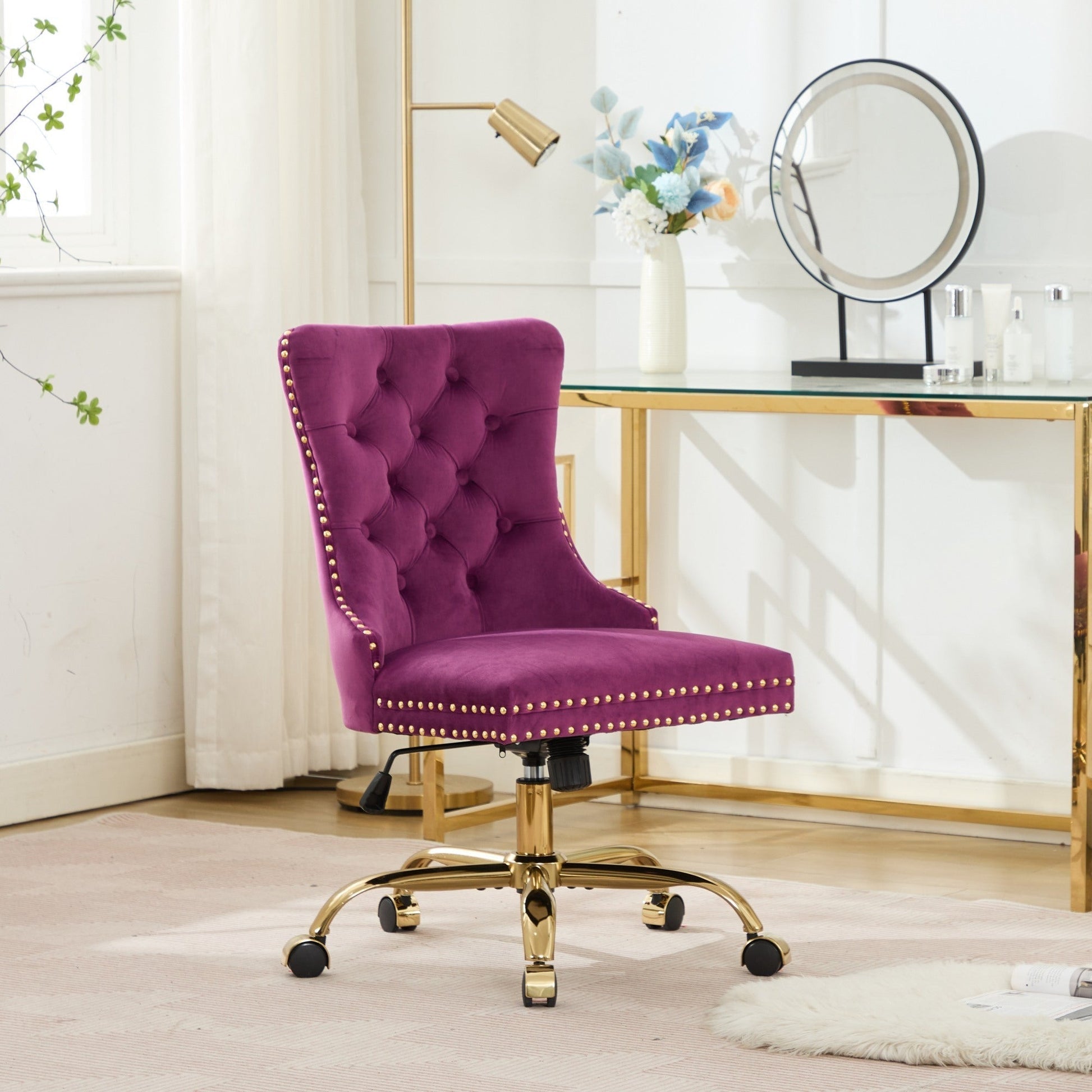 Office chair purple velvet tufted with brass nailhead trim on gold base casters on Tampa Home & Garden Store