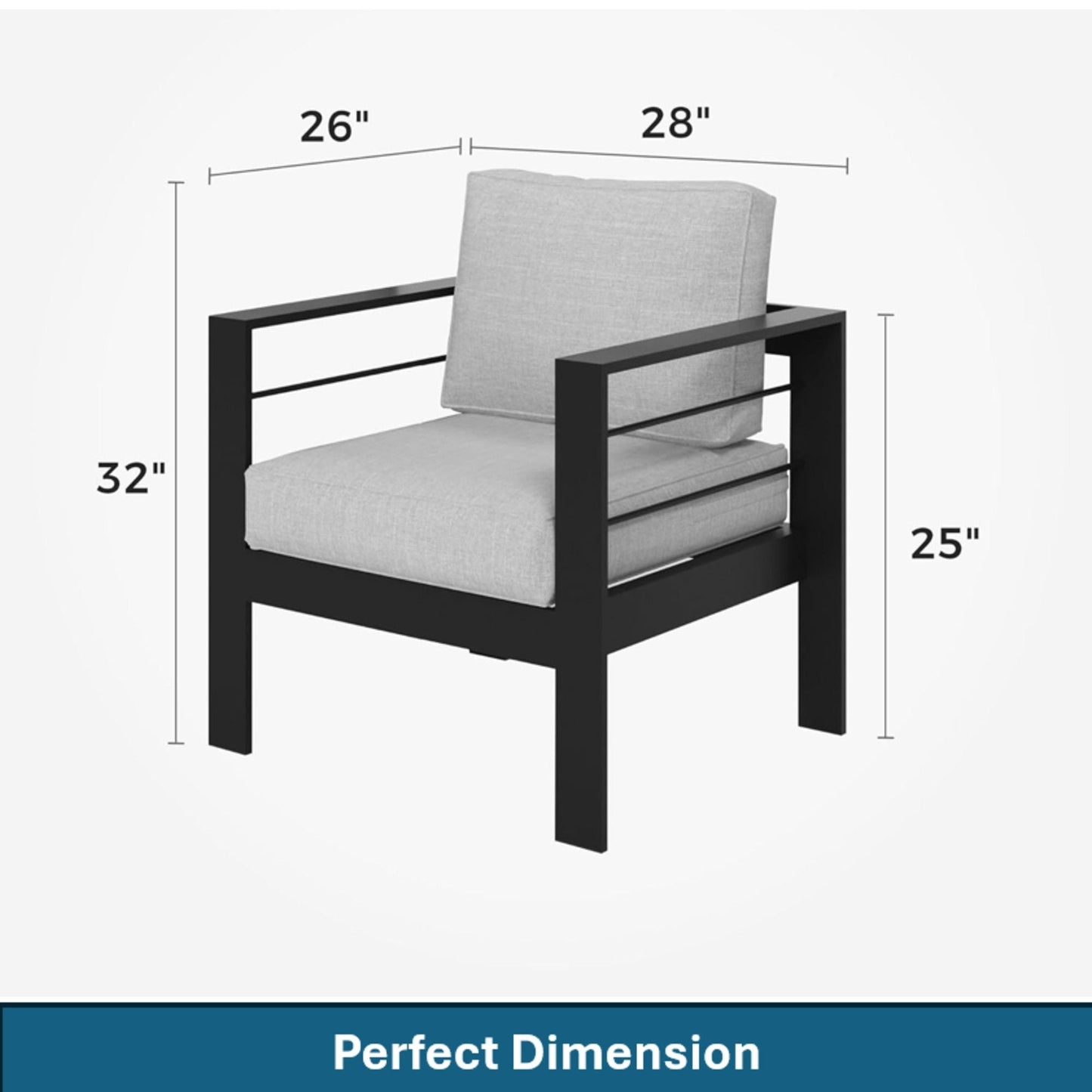 Modern all-weather patio armchairs set of 2 with thick gray cushions and black frames on Tampa Home & Garden Store