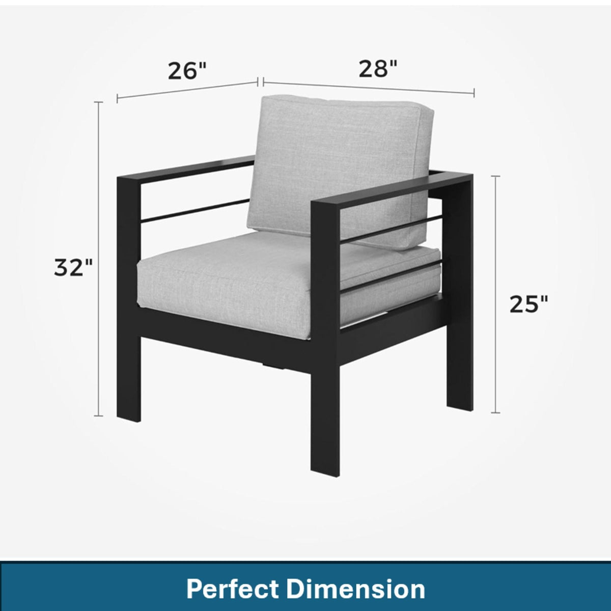 Modern all-weather patio armchairs set of 2 with thick gray cushions and black frames on Tampa Home & Garden Store