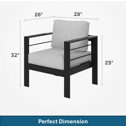 Modern all-weather patio armchairs set of 2 with thick gray cushions and black frames on Tampa Home & Garden Store