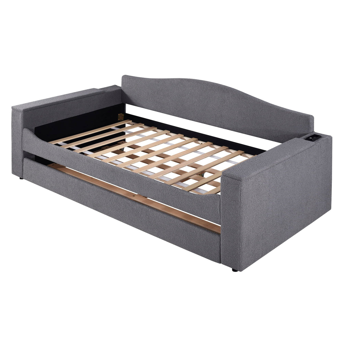 Upholstered gray daybed with storage armrests, trundle and visible wooden slat base on Tampa Home & Garden Store