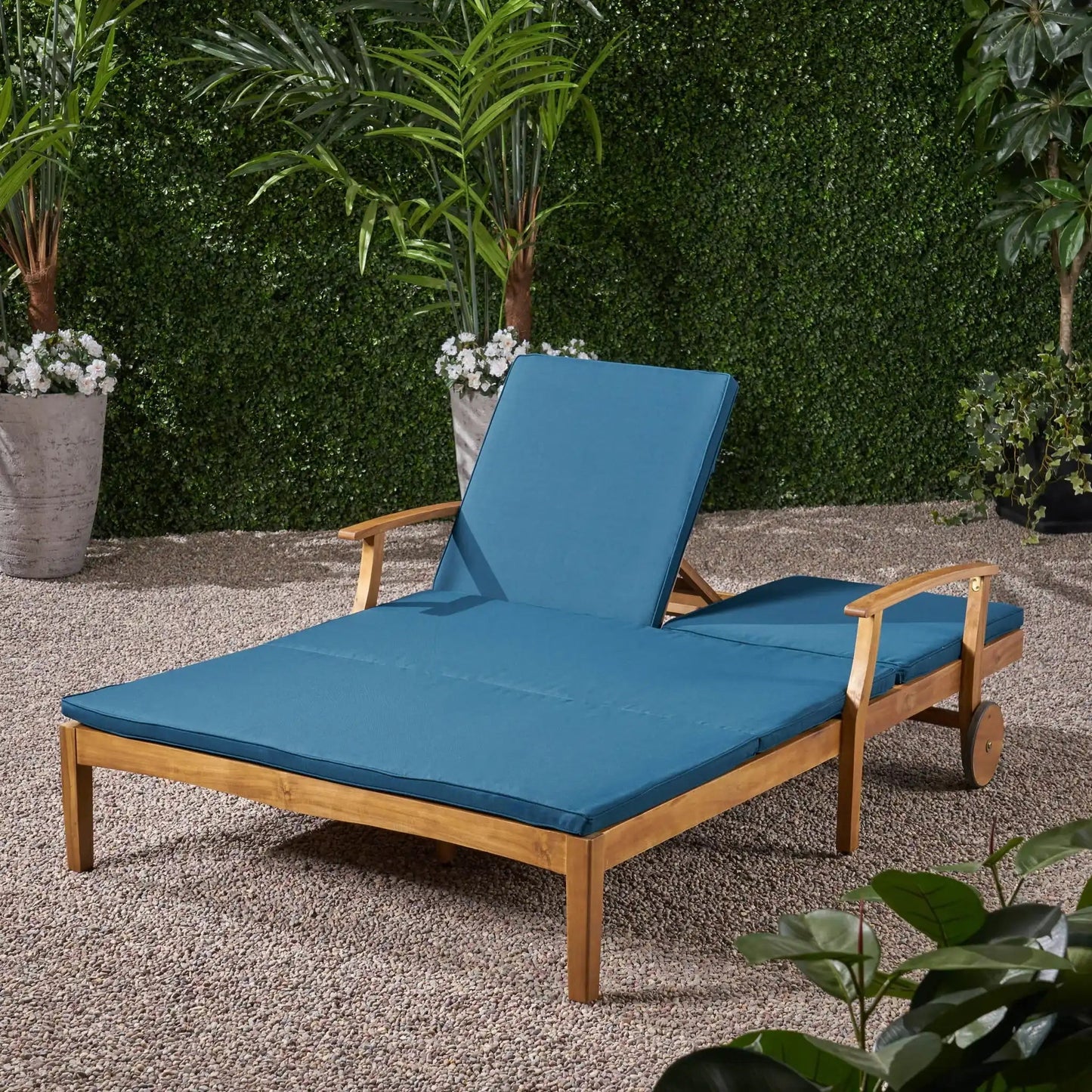 Etherealize Outdoor Adjustable Double Chaise Lounge With Blue Water Resistant Cushions on Tampa Home & Garden Store