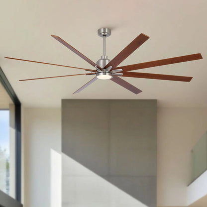 Oversized ceiling fan with 8 wooden blades, brushed metal hub, dimmable LED light and remote on Tampa Home & Garden Store
