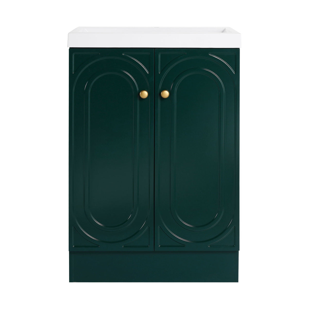 Freestanding bath vanity with white resin sink atop dark green two-door cabinet with gold knobs on Tampa Home & Garden Store