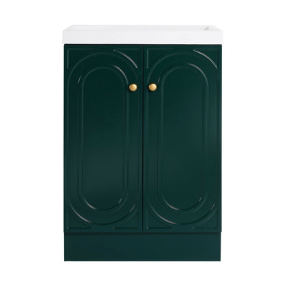 Freestanding bath vanity with white resin sink atop dark green two-door cabinet with gold knobs on Tampa Home & Garden Store
