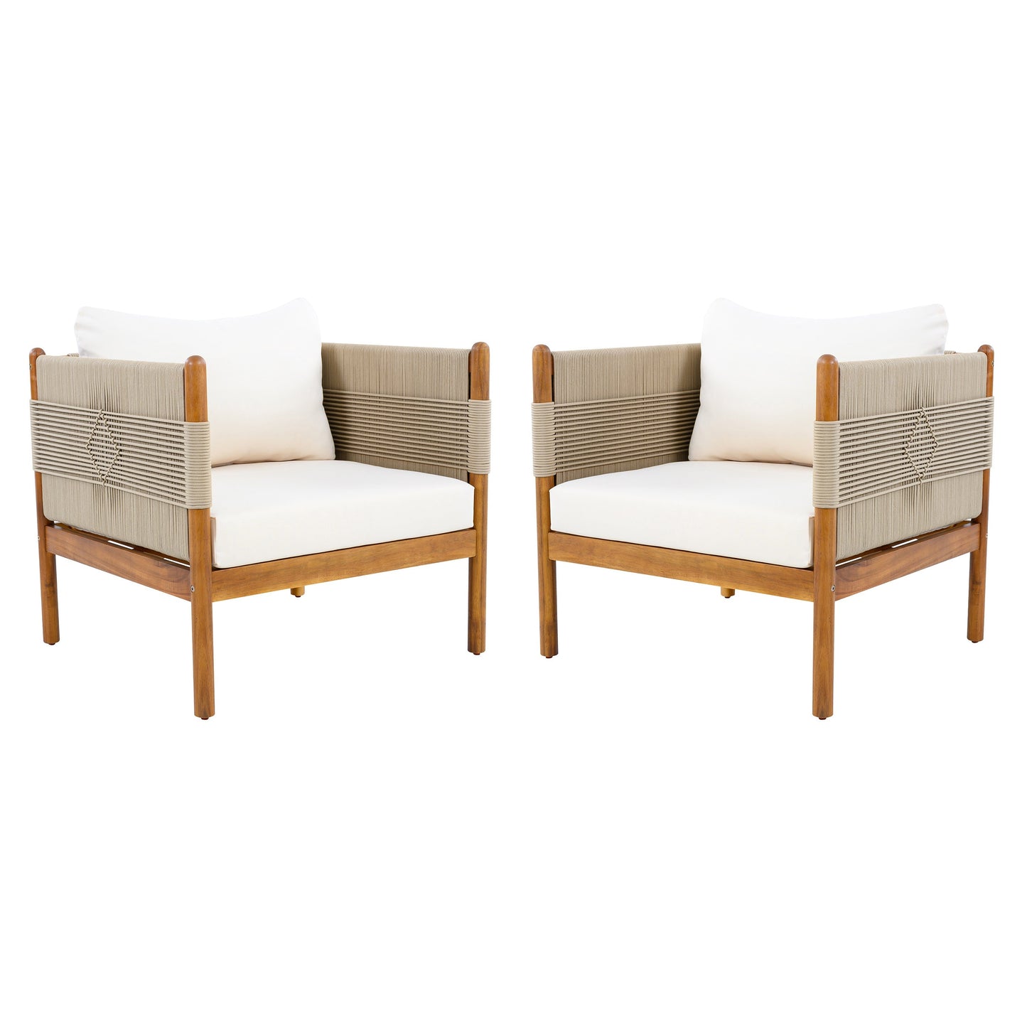 Outdoor Club Chairs set of 2 by HouseOfZazla beige rope and teak finish, white cushions on Tampa Home & Garden Store