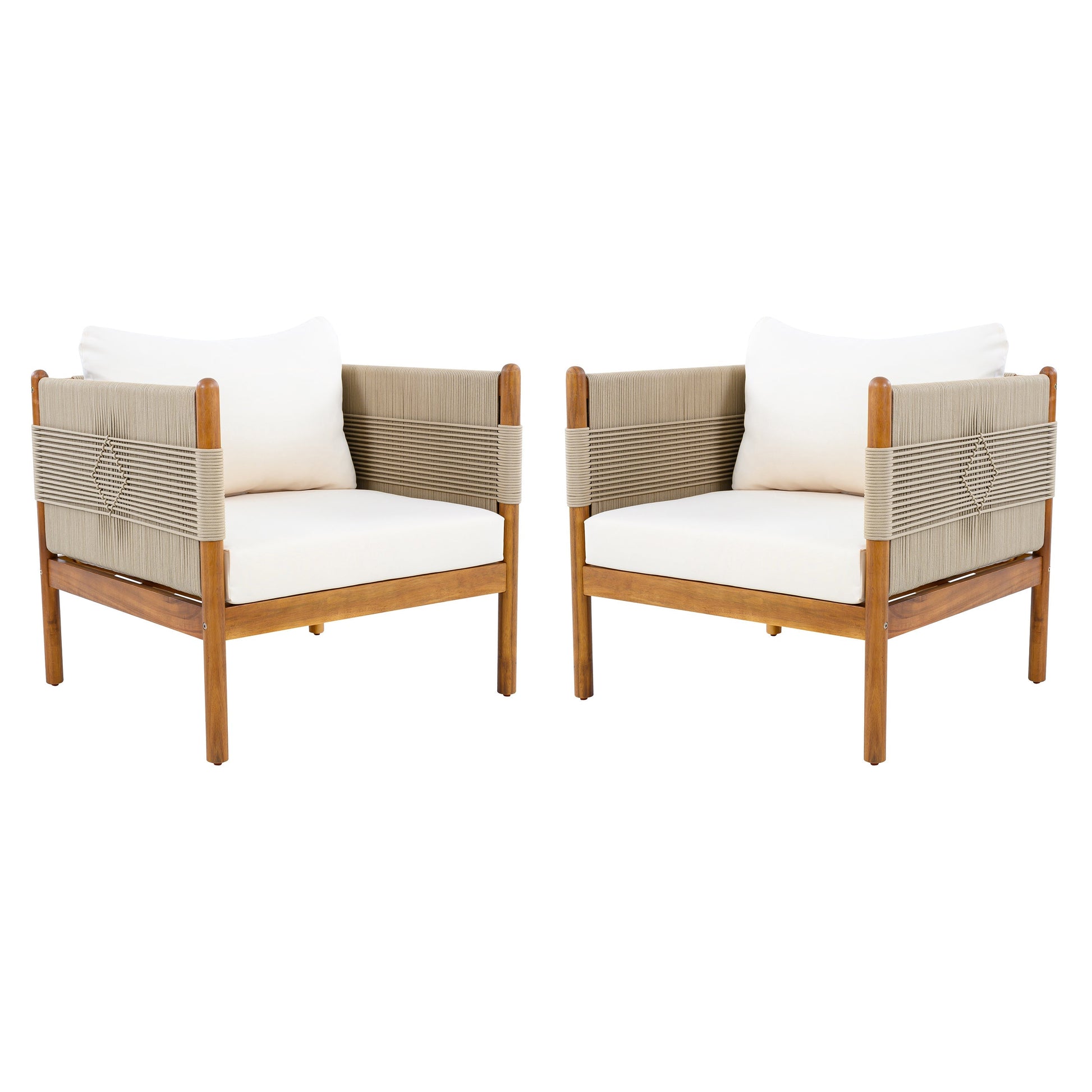Outdoor Club Chairs set of 2 by HouseOfZazla beige rope and teak finish, white cushions on Tampa Home & Garden Store