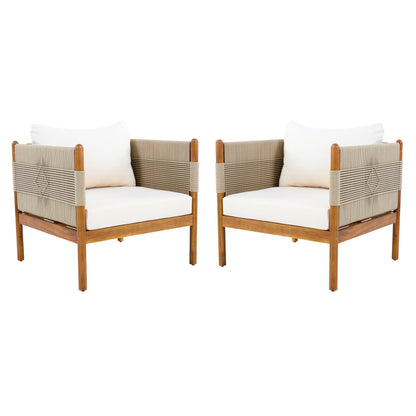 Outdoor Club Chairs set of 2 by HouseOfZazla beige rope and teak finish, white cushions on Tampa Home & Garden Store