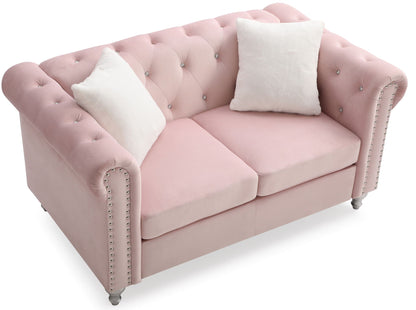 Contemporary pink velvet loveseat with jeweled tufting and studded arms by HouseOfZazla on Tampa Home & Garden Store