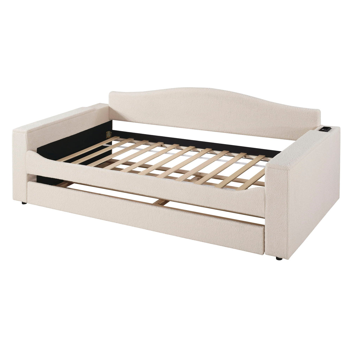 Upholstered beige daybed with curved armrests and slatted bed base on Tampa Home & Garden Store