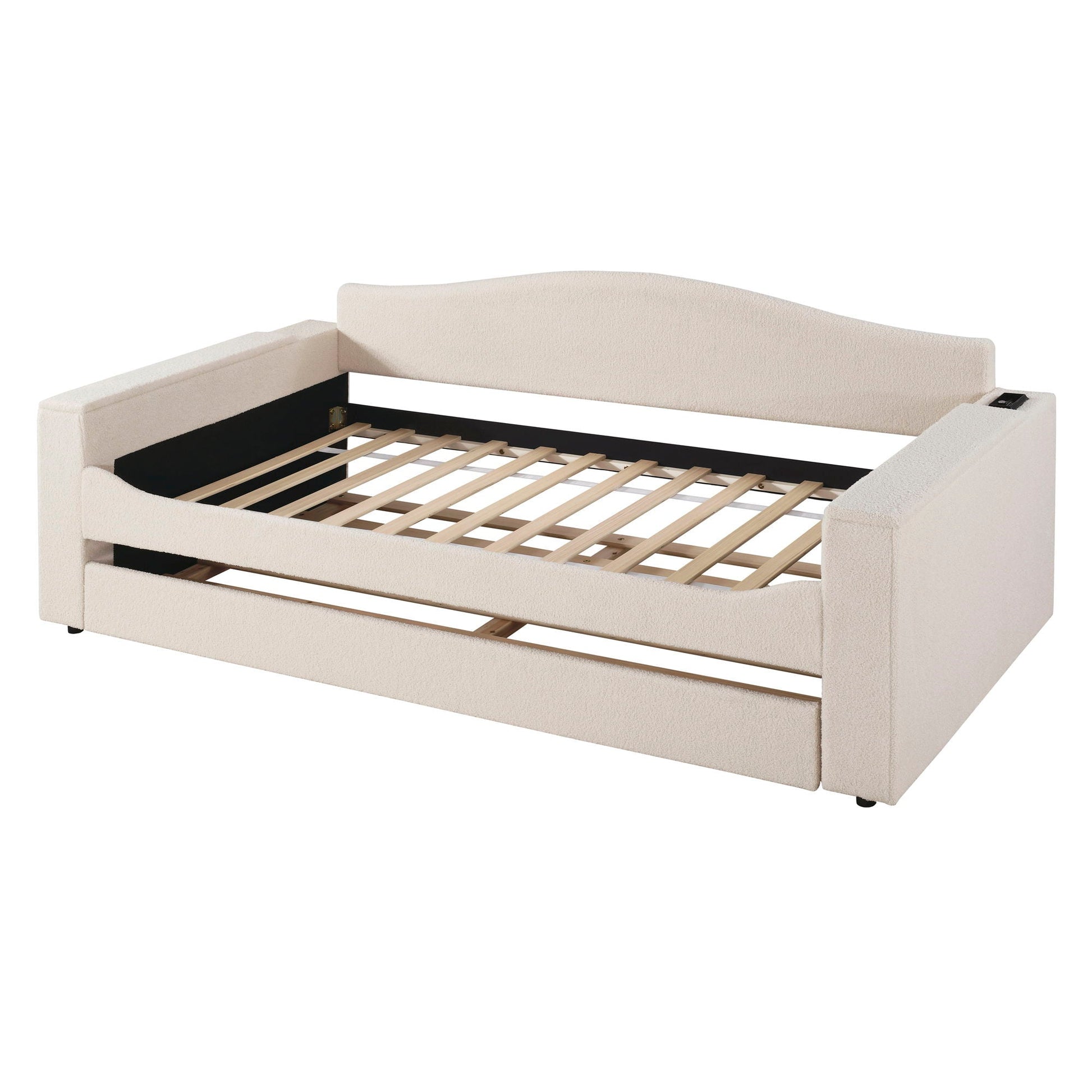 Upholstered beige daybed with curved armrests and slatted bed base on Tampa Home & Garden Store