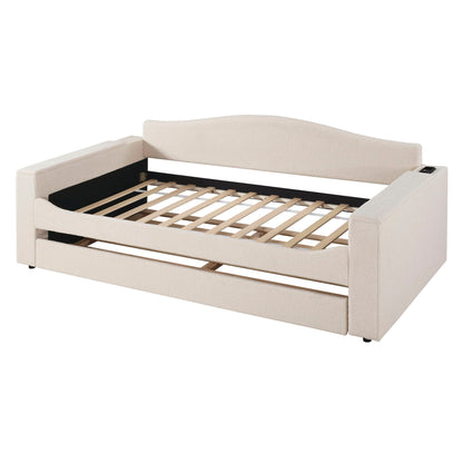 Upholstered beige daybed with curved armrests and slatted bed base on Tampa Home & Garden Store