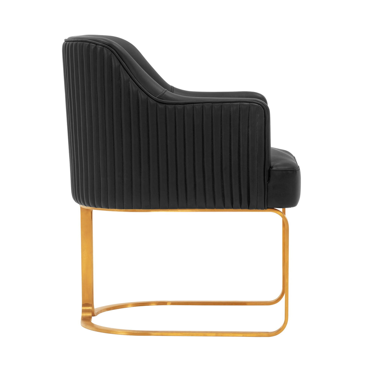 Modern dining chair with black quilted leather upholstery and gold cantilever base on Tampa Home & Garden Store