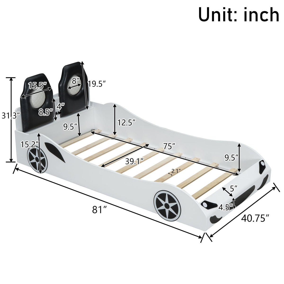 Race car shaped platform bed with LED backrests, upholstered seats, white frame by HouseOfZazla on Tampa Home & Garden Store
