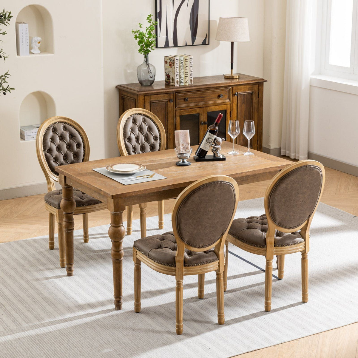 French style solid wood dining chairs with nailhead trim and tufted backs set of four on Tampa Home & Garden Store