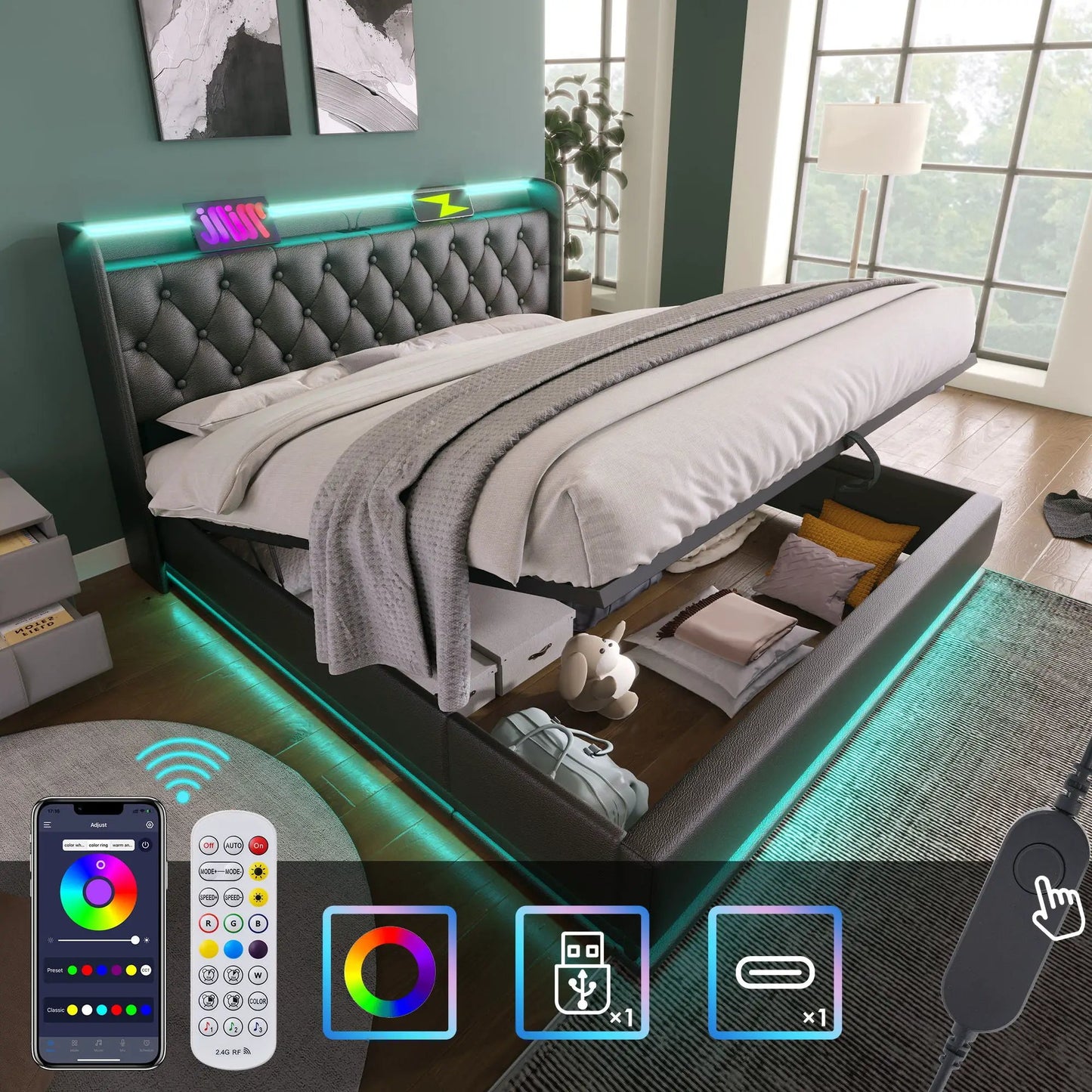 Upholstered storage bed with 360 LED, remote, USB-C charging by Unique Piece Furniture on Tampa Home & Garden Store