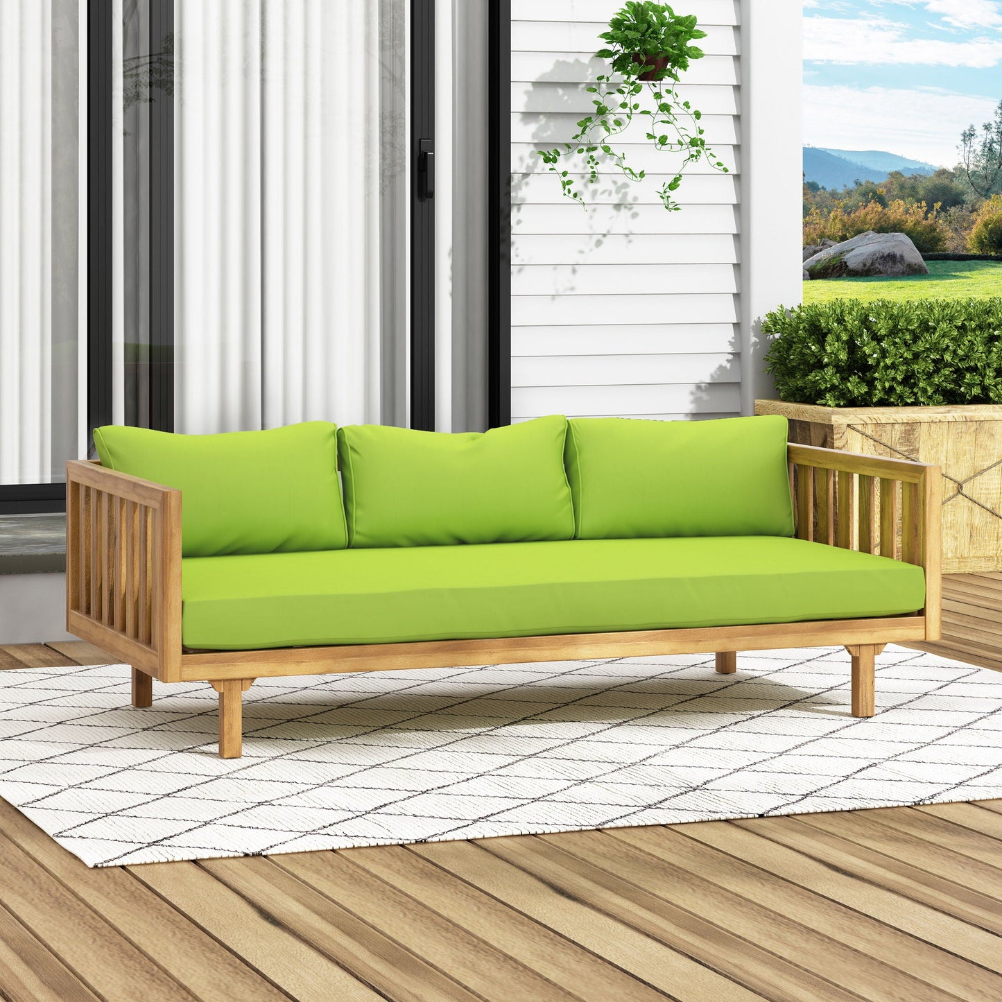 Claremont 3-Seater Daybed in teak/acacia wood with lime green water-resistant cushions on Tampa Home & Garden Store