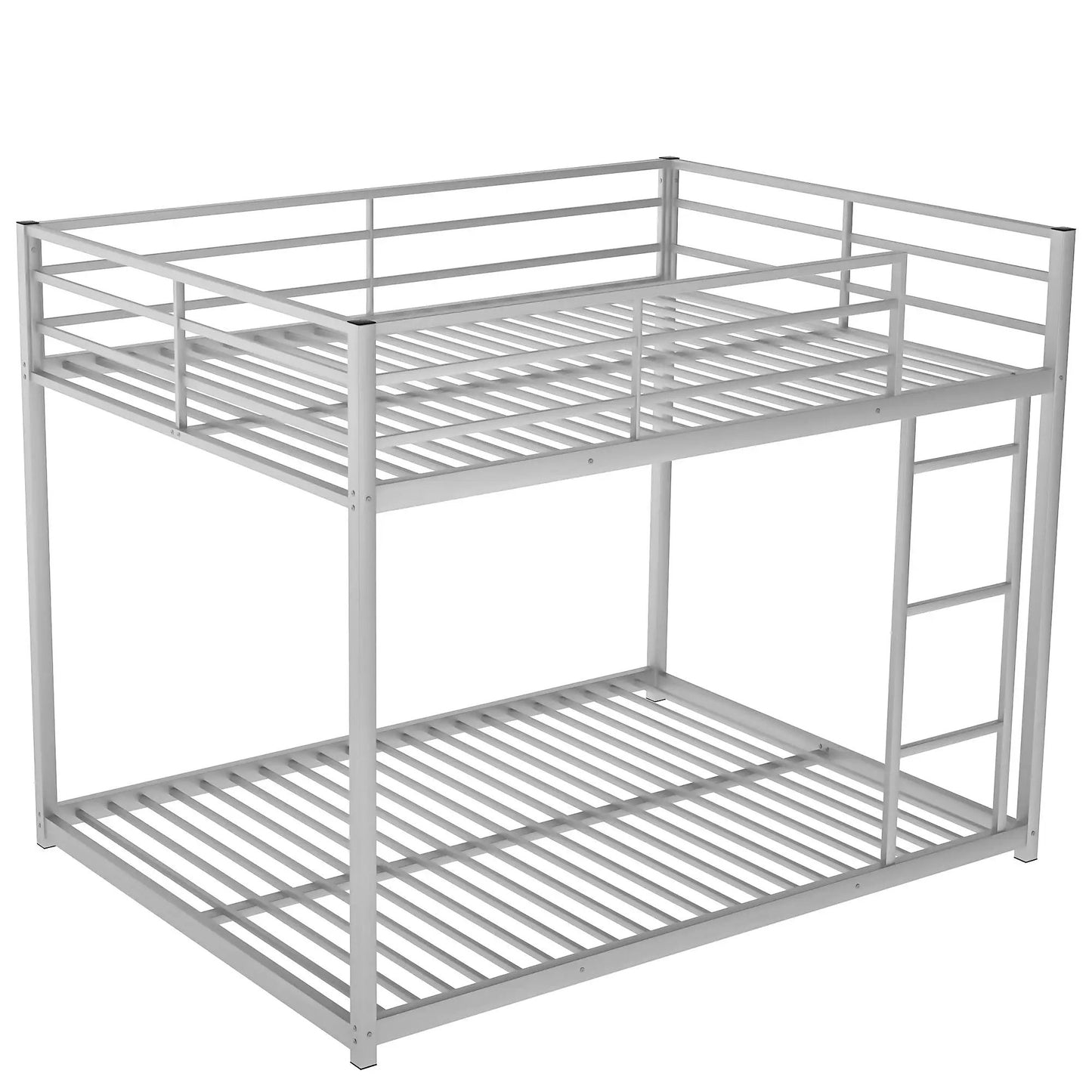 Metal bunk bed frame with ladder and guard rails in silver, slatted upper and lower platforms on Tampa Home & Garden Store