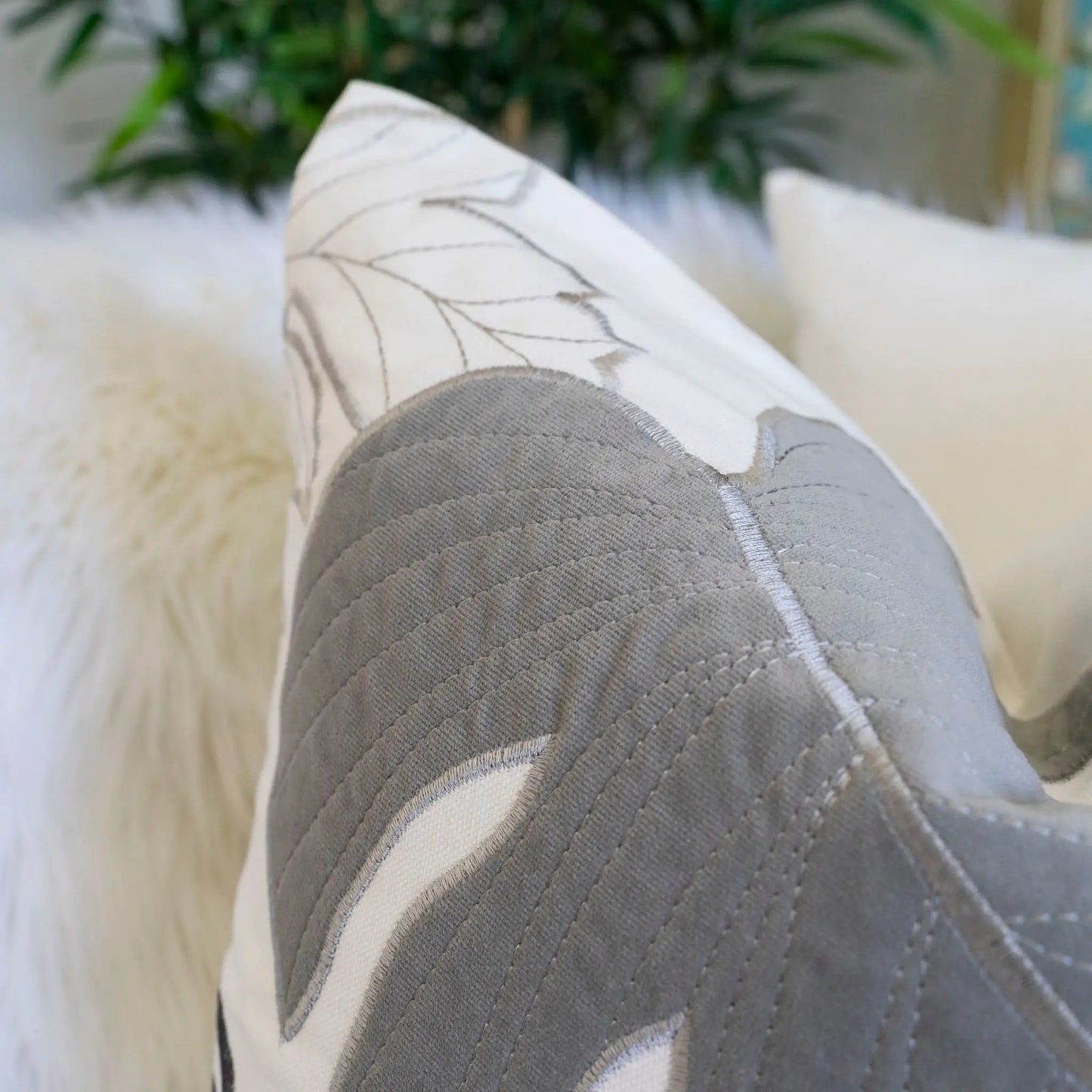 Autumn Vibes Leaf Accent Pillow grey quilted fabric with leaf motif Unique Piece Furniture on Tampa Home & Garden Store
