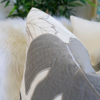 Autumn Vibes Leaf Accent Pillow grey quilted fabric with leaf motif Unique Piece Furniture on Tampa Home & Garden Store