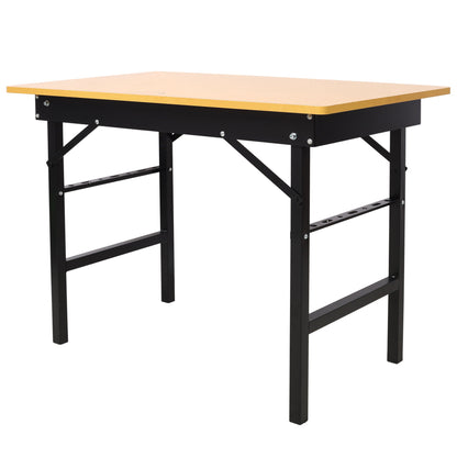 Portable folding work table with wood top, golden edge trim and black steel frame on Tampa Home & Garden Store