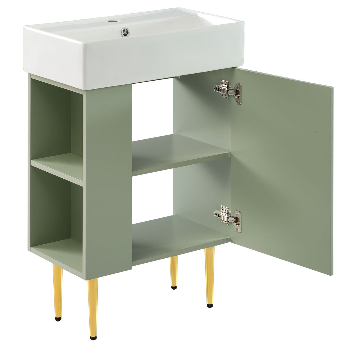 Bathroom vanity with single ceramic sink atop sage green cabinet with open shelves and gold legs on Tampa Home & Garden Store