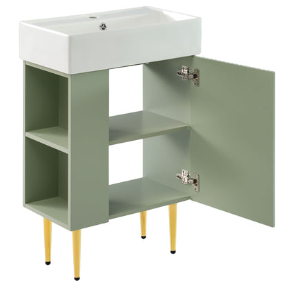 Bathroom vanity with single ceramic sink atop sage green cabinet with open shelves and gold legs on Tampa Home & Garden Store