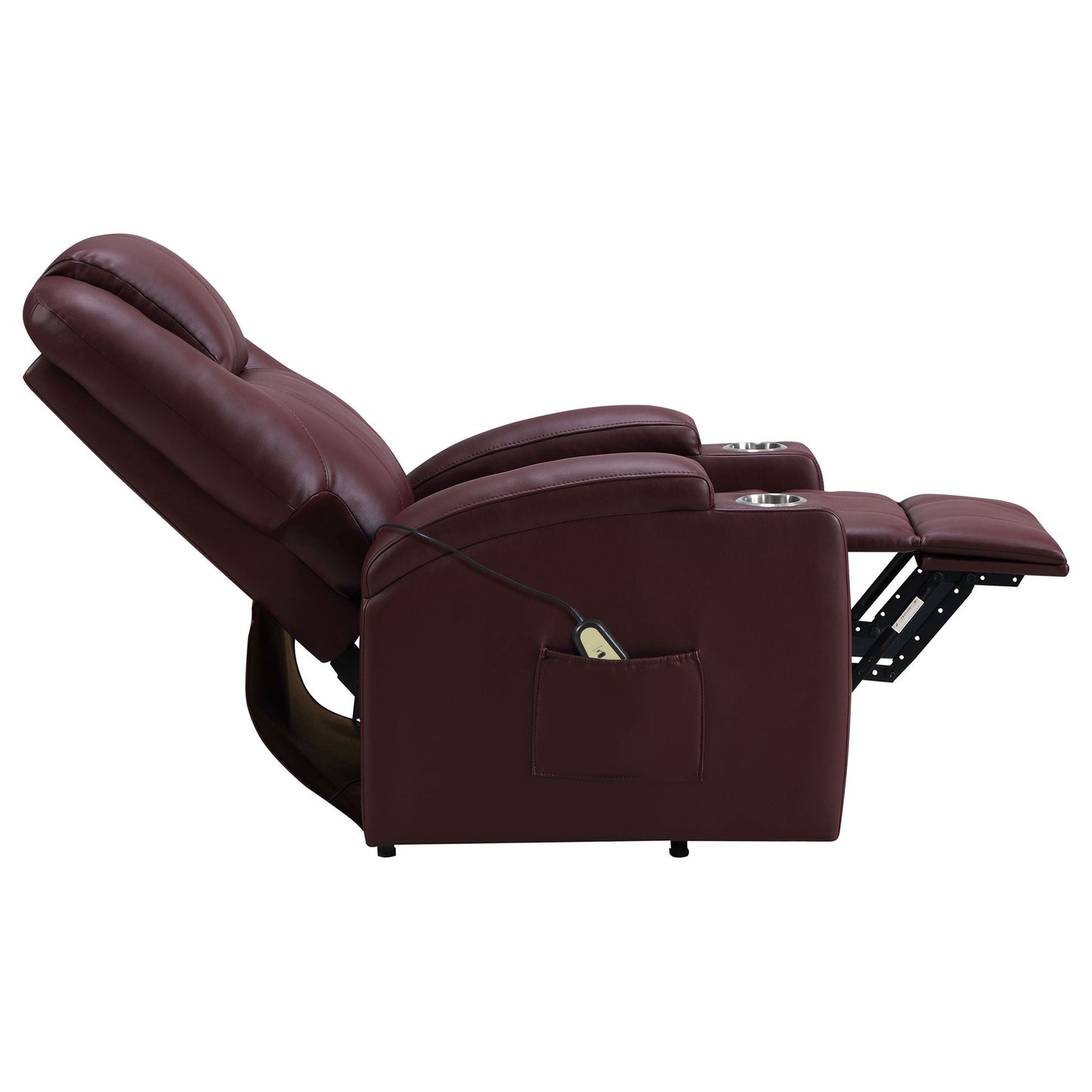 Macklin power lift massage recliner with heat in burgundy leather, dual cupholders, HouseOfZazla on Tampa Home & Garden Store