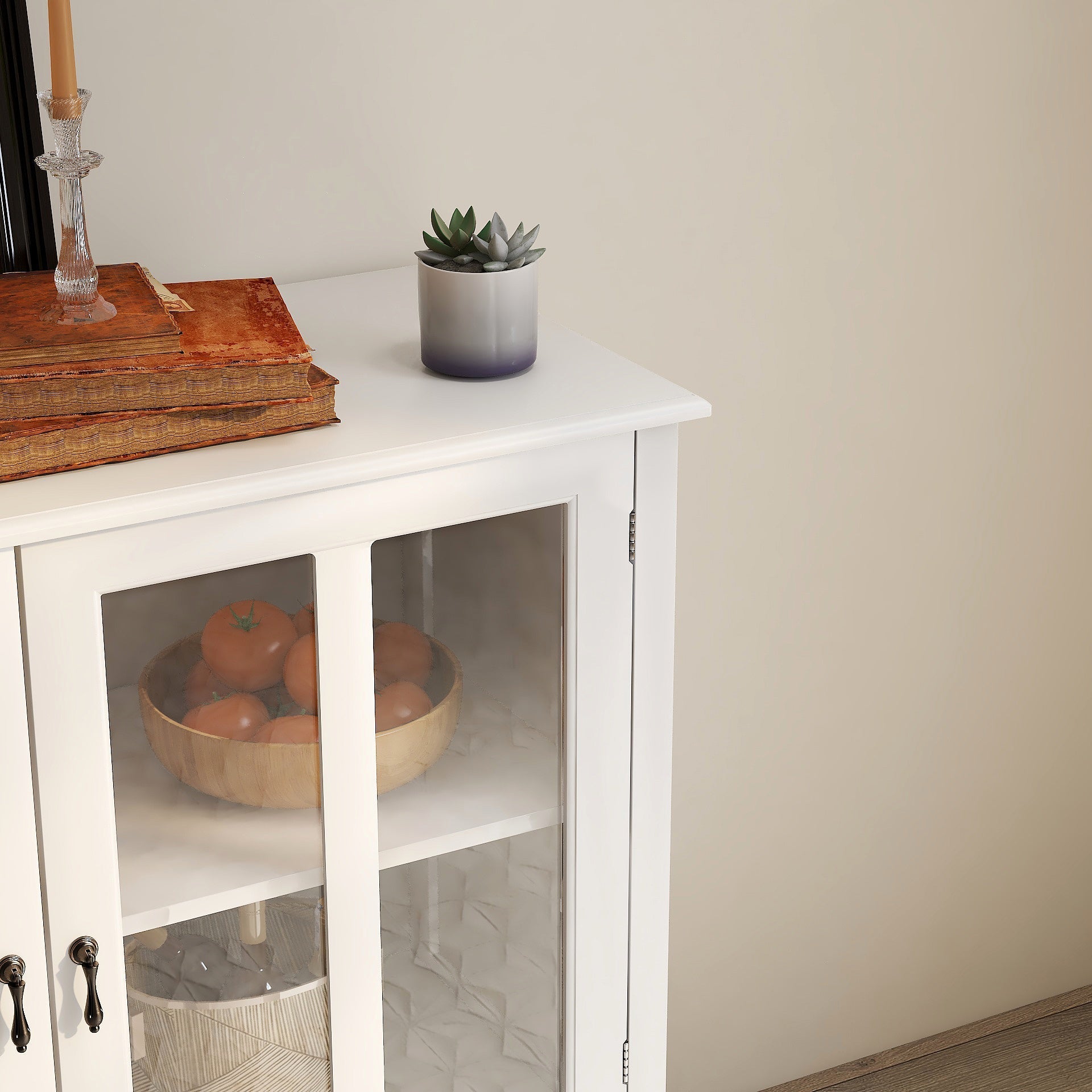 Buffet storage cabinet with double glass doors, white finish, bell handles by HouseOfZazla on Tampa Home & Garden Store