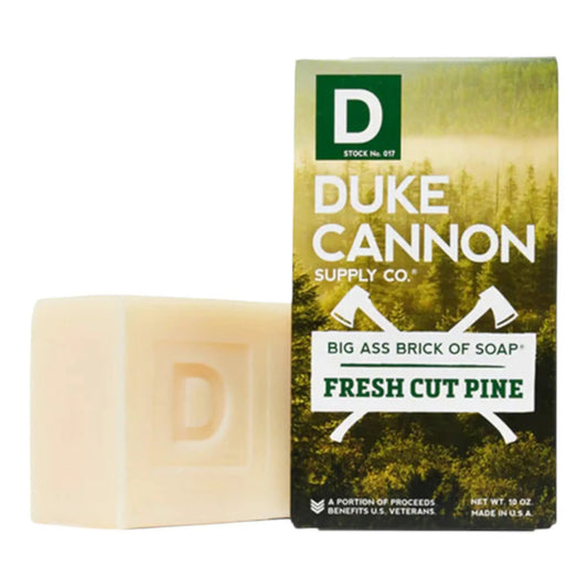Duke Cannon Big Ass Soap Brick Fresh Cut Pine with pine forest packaging and beige soap slab on Tampa Home & Garden Store