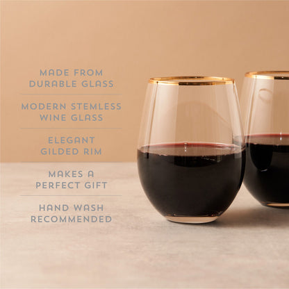 Gilded Stemless Wine Glasses and Gold Rim Set